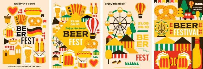 4 modern posters for Oktoberfest! National colors, beer mugs, pretzels, hotdogs, musical instruments, a fair and lots of beer. A4 vector templates are ideal for advertising this event.