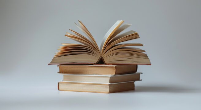 A minimalist arrangement of books with one book open and its pages fanned out creates a clean and elegant composition, highlighting literary beauty.