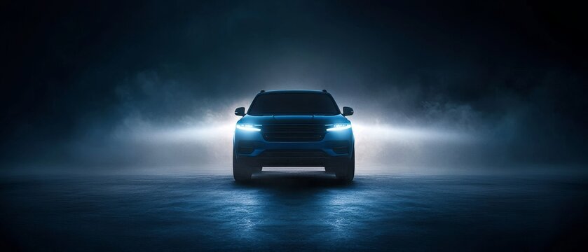 Dark Blue SUV with White LED Headlights in Empty Room