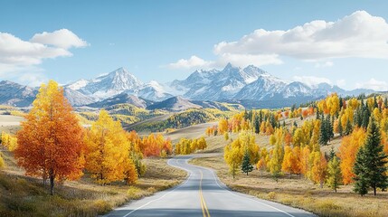 Serene mountain scenic drive with vibrant autumn foliage, autumn, picturesque journey