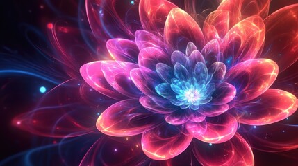 Shining dynamic neon flowers with pink, purple, and blue elements on a dark red background, radiating powerful energy for meditation