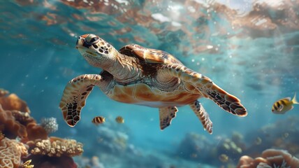 Fototapeta premium Distinguished sea turtle in suit gliding through coral reef.