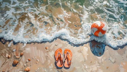 Obraz premium Beach scene with ball and flipflops, bright sunlight, playful and summery