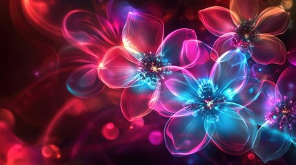 Shining neon flowers in vibrant pink, purple, and blue hues on a dark red background, powerful light energy for yoga