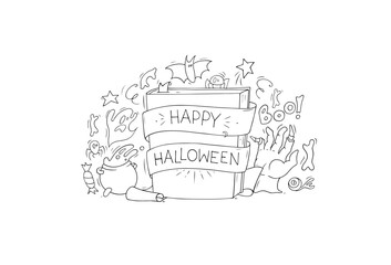 Halloween background with cute doodle magic book, spooky ghosts, bats and zombie hand. Halloween poster with cartoon objects, vector hand drawn illustration