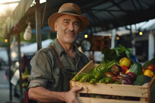 Man in hat holding crate of colorful vegetables smiling broadly.