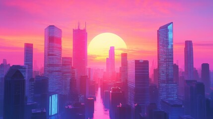 Fototapeta premium Vibrant futuristic city at sunset, colorful skyscrapers with sleek windows, modern design, dynamic illustration
