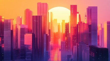 Fototapeta premium Sunset over a futuristic cityscape, colorful skyscrapers with sleek windows, modern urban design