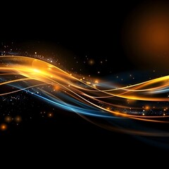 Obraz premium Black background, golden and blue light waves with blurred edges and a glowing effect. The high resolution image has high quality glowing lines and a light yellow glow. The curved gold line is on the 