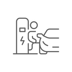 Man charging car icon. Simple outline style. Electric vehicle, charge, station, ev, eco, green energy, environment, technology concept. Thin line symbol. Vector illustration isolated. Editable stroke.