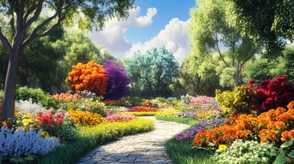 Fototapeta premium Fantasy-style garden featuring colorful flowers, vibrant trees, and lush greenery under a sunny sky