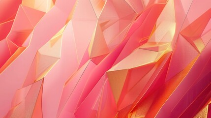 Abstract composition featuring contemporary geometric shapes in shades of pink and coral, highlighted with golden elements 