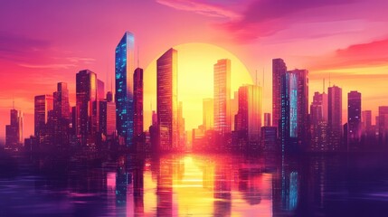 Fototapeta premium Futuristic city at sunset, colorful skyscrapers with sleek windows, modern design, vibrant illustration