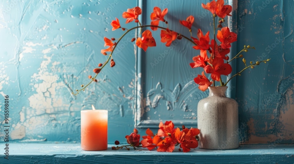 Poster Red flowers and candle on windowsill against blue background, horizontal view