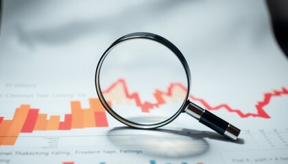 Fototapeta premium magnifying glass positioned centrally highlighting financial charts with sharp angles and vivid hues surrounding shapes swirl dramatically creating a sense of motion and anal