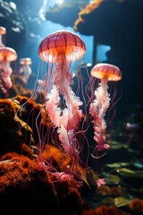 Underwater jellyfish gracefully floating in the deep ocean.