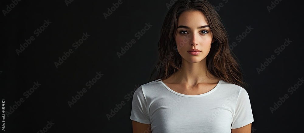 Poster studio portrait of a lovely brunette woman wearing a plain white t shirt set against a simple black 