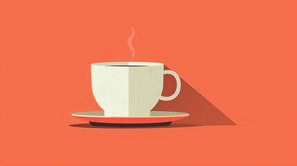 Obraz premium Minimalist illustration of a coffee cup on a saucer against a bright orange background. Light steam rises from the cup, indicating a hot beverage