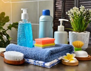 Set of baby toiletries, child organic hygiene and bath accessories, shower gel, shampoo,