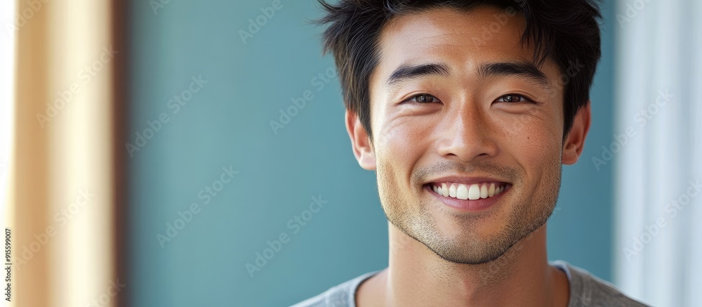 Aufkleber Smiling man of Asian descent. with copy space image. Place for adding text or design