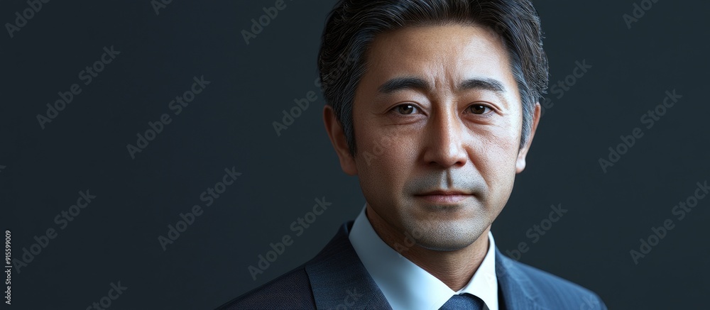 Poster Middle aged Japanese man dressed in a suit. with copy space image. Place for adding text or design