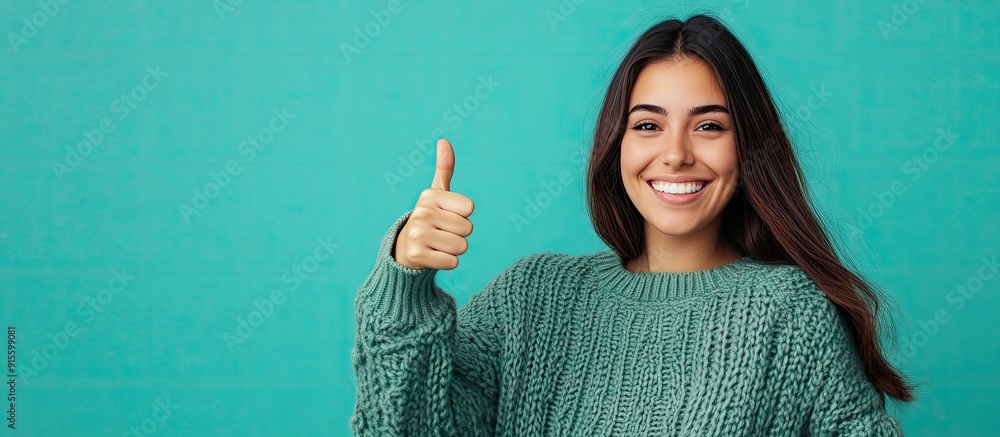 Poster Young Hispanic woman dressed in a casual winter sweater smiling happily while looking and pointing to the side with a thumbs up. with copy space image. Place for adding text or design