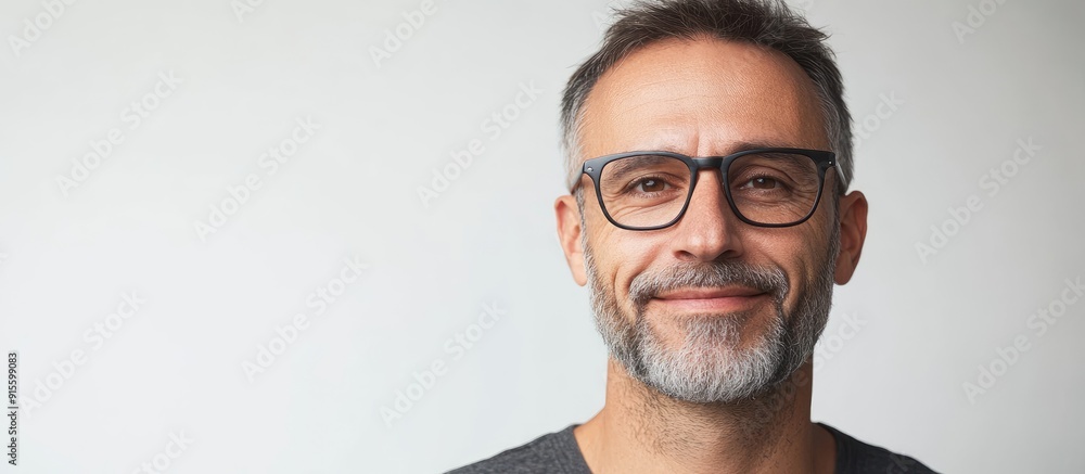 Poster portrait of a cheerful middle aged man isolated on white. with copy space image. place for adding te