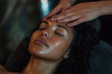 Naklejka premium A woman enjoys a relaxing facial treatment at a spa in the early evening