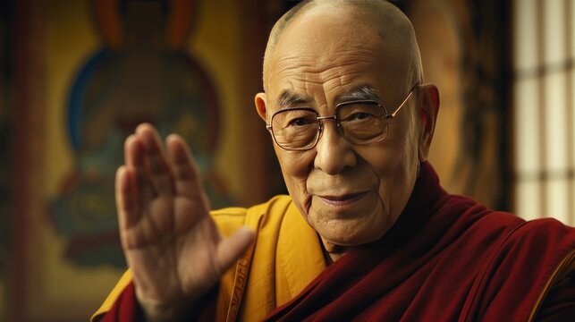Portrait of the Dalai Lama, spiritual leader of Tibetan Buddhism, with a kind smile and a welcoming gesture.