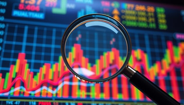 a magnifying glass with a classic video game pixelated frame hovers over vibrant financial charts retro arcade graphics style chart lines and numbers detailed old-school gami