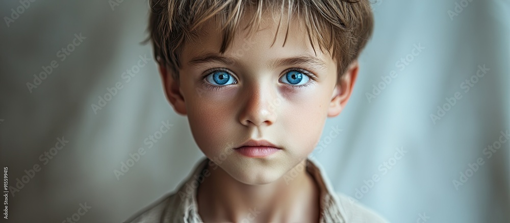 Poster appealing boy with blue eyes wearing an unbuttoned shirt. with copy space image. place for adding te