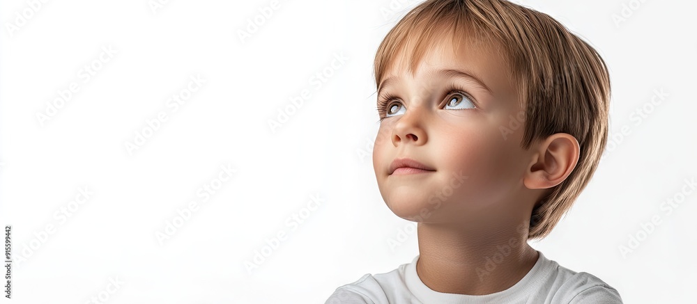 Poster thoughtful child with short hair set against a white background. with copy space image. place for ad