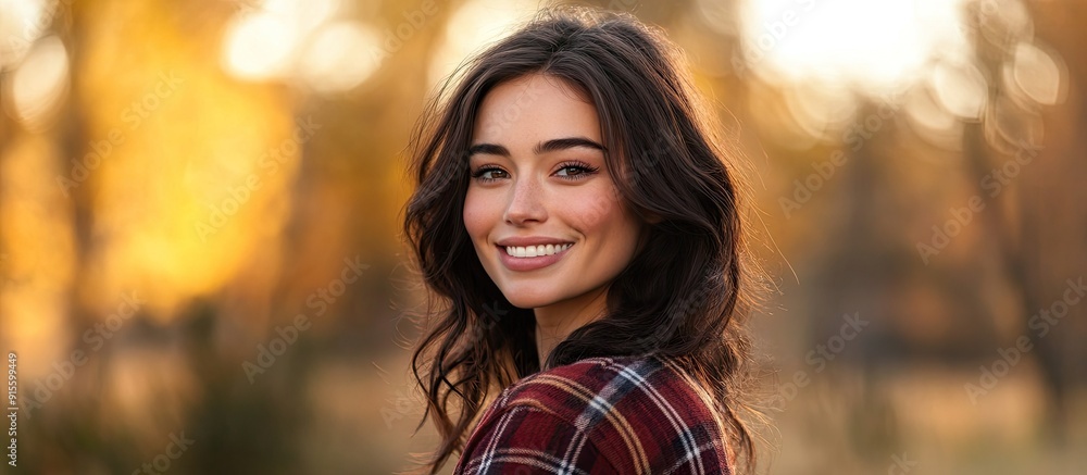 Poster brunette woman outside in a checkered plaid pattern smiling and facing the camera copy space