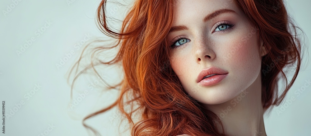Poster Portrait of a stunning redhead woman posing against a white background. with copy space image. Place for adding text or design