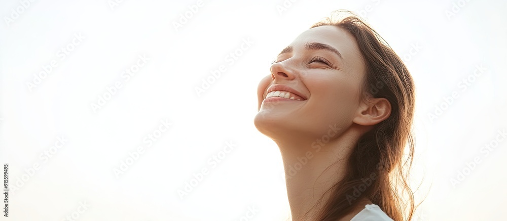 Poster young smiling woman gazing upward side view set against a white background. with copy space image. Place for adding text or design