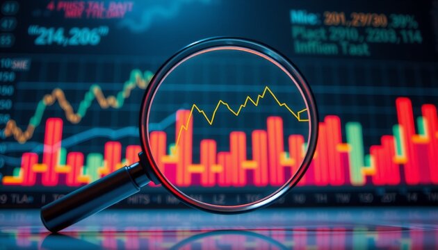 a magnifying glass amplifies intricate line graphs and bar charts classic 8-bit aesthetics enhance the financial data soft neon glow accents edges creating a nostalgic gaming