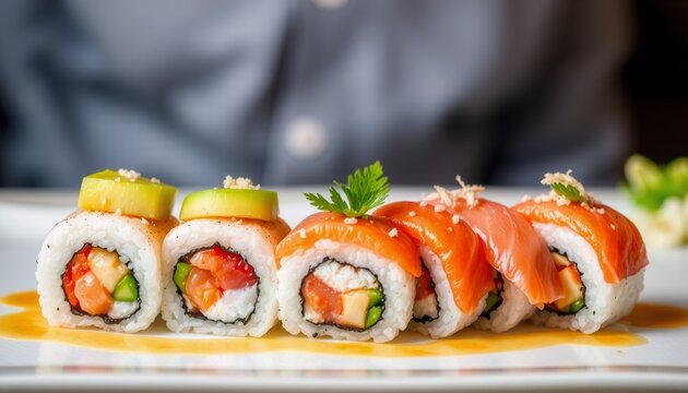 a beautifully arranged plate of gourmet sushi sits center stage featuring six vibrant rolls topped with fresh slices of avocado salmon and tuna garnished with delicate wasab