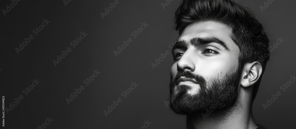Aufkleber Studio shot of a handsome young Persian man with a beard against a gray background in black and white. with copy space image. Place for adding text or design
