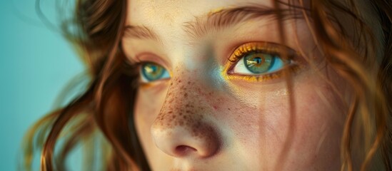 Close up portrait of a young Caucasian girl gazing at the camera featuring dual lighting in a studio setting with copy space