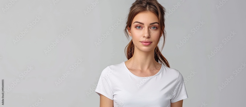 Wall mural cropped view of a young woman wearing a white t shirt with copy space set against a grey background