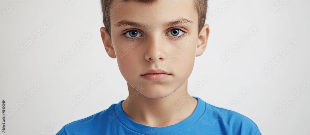 Aufkleber close up portrait of a young boy in a blue t shirt with a serious expression against a white backgro