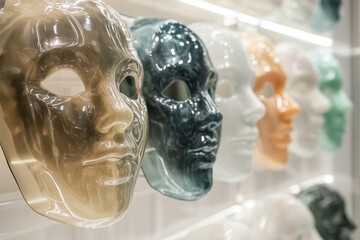 Naklejka premium Collection of Colorful Decorative Masks Displayed on a Wall in Art Gallery