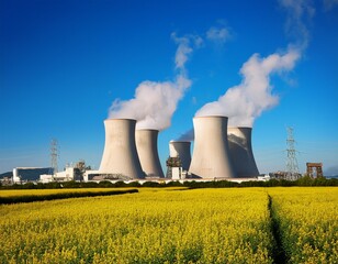 Sunny day landscape showing a Nuclear power Plant with smoke against a blue sky