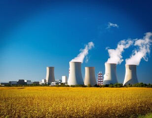 Sunny day landscape showing a Nuclear power Plant with smoke against a blue sky