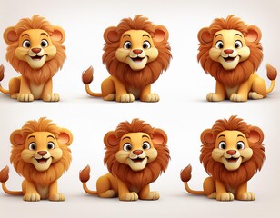 Set of 3D cute happy cartoon lion, isolated on white background