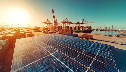 Wide-Angle Photo of Solar Panels at Industrial Port with Shipping Containers and Cranes