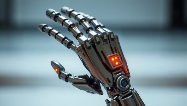 ultra-detailed prosthetic hand with metallic finish displaying complex joint mechanisms and illuminated sensors placed in front of a soft-focus background emphasizing its adv