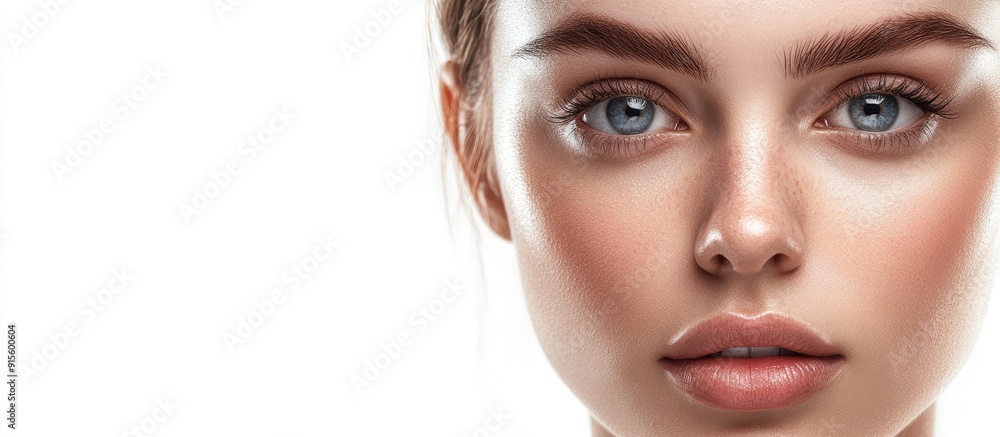 Poster Attractive young female face with a healthy complexion isolated on white. with copy space image. Place for adding text or design