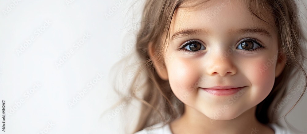 Poster Close up of a happy beautiful little girl Isolated against a white background. with copy space image. Place for adding text or design