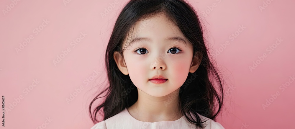 Aufkleber asian cute little girl with a lovely expression set against a pink background. with copy space image